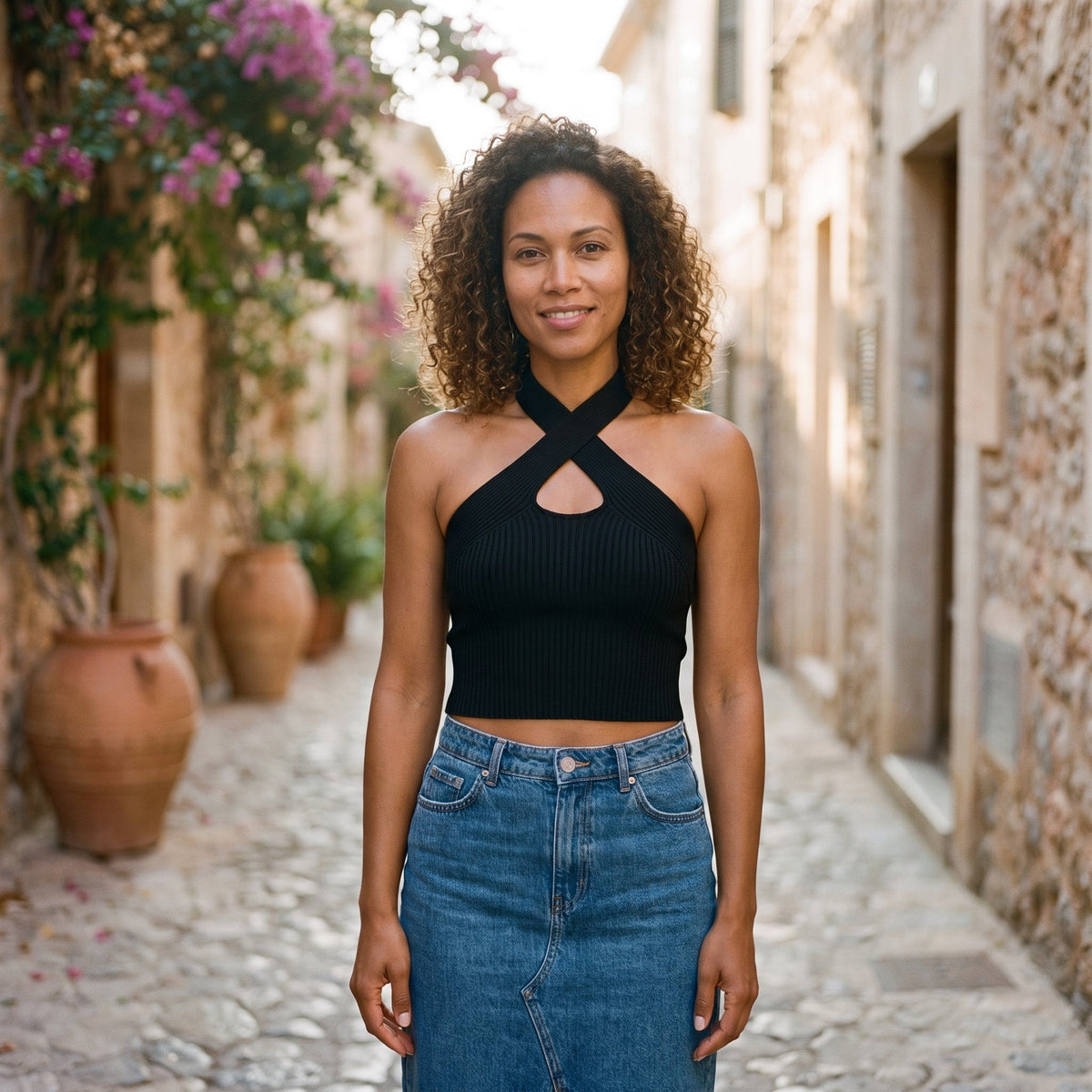 Black ribbed cross-front halter crop top worn by a smiling model