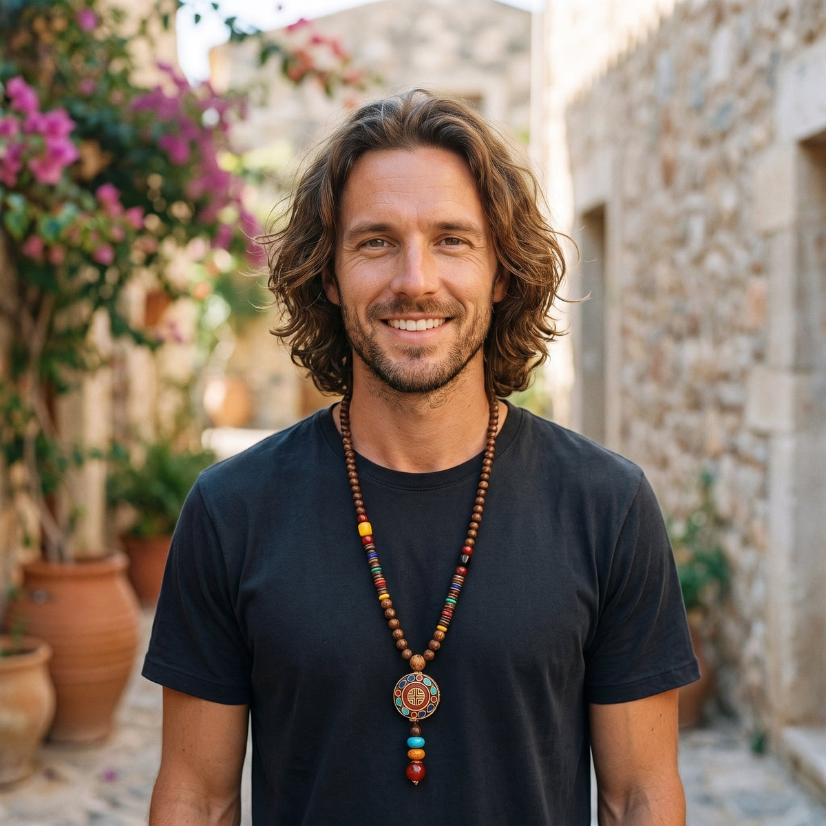 Smiling man in an alley wearing a wood bead hippie necklace