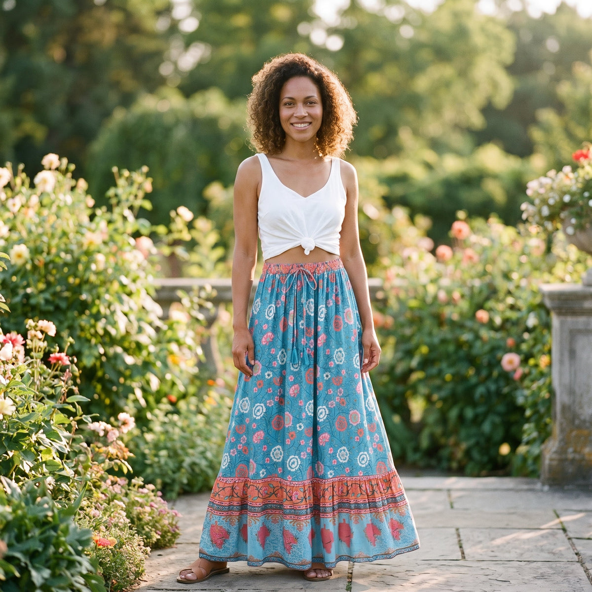 Turkis blomstret boho maxinederdel båret af smilende model i en have