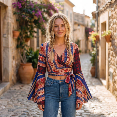 Smiling model in the blue and red wrap crop top