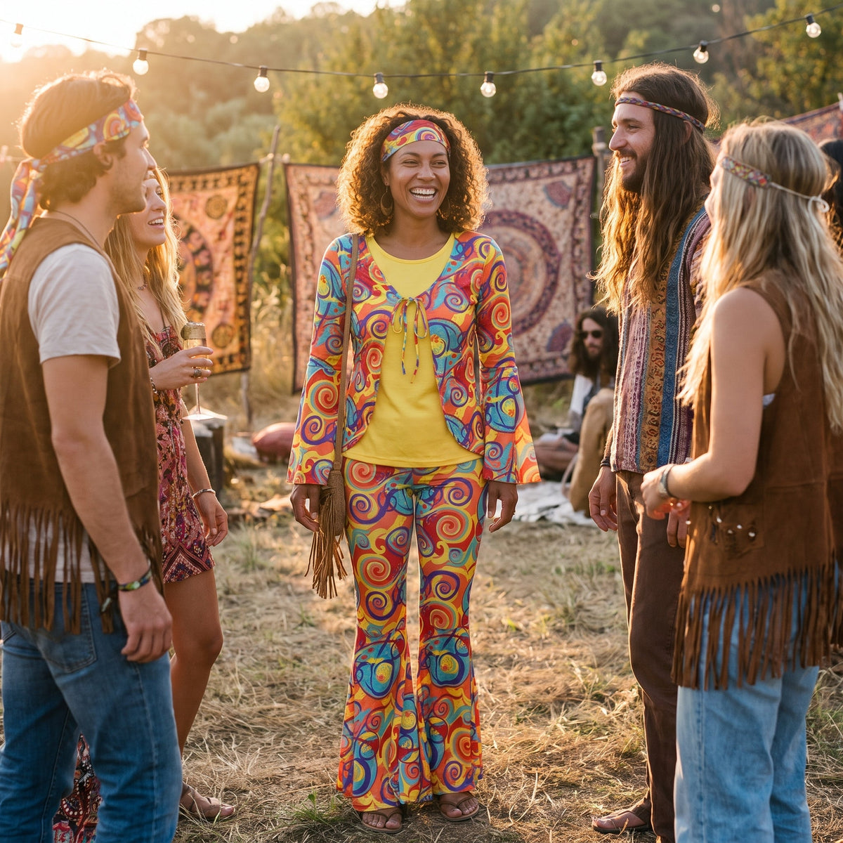 Par iført matchende psykedeliske hippie kostumer med swirl-print og pandebånd