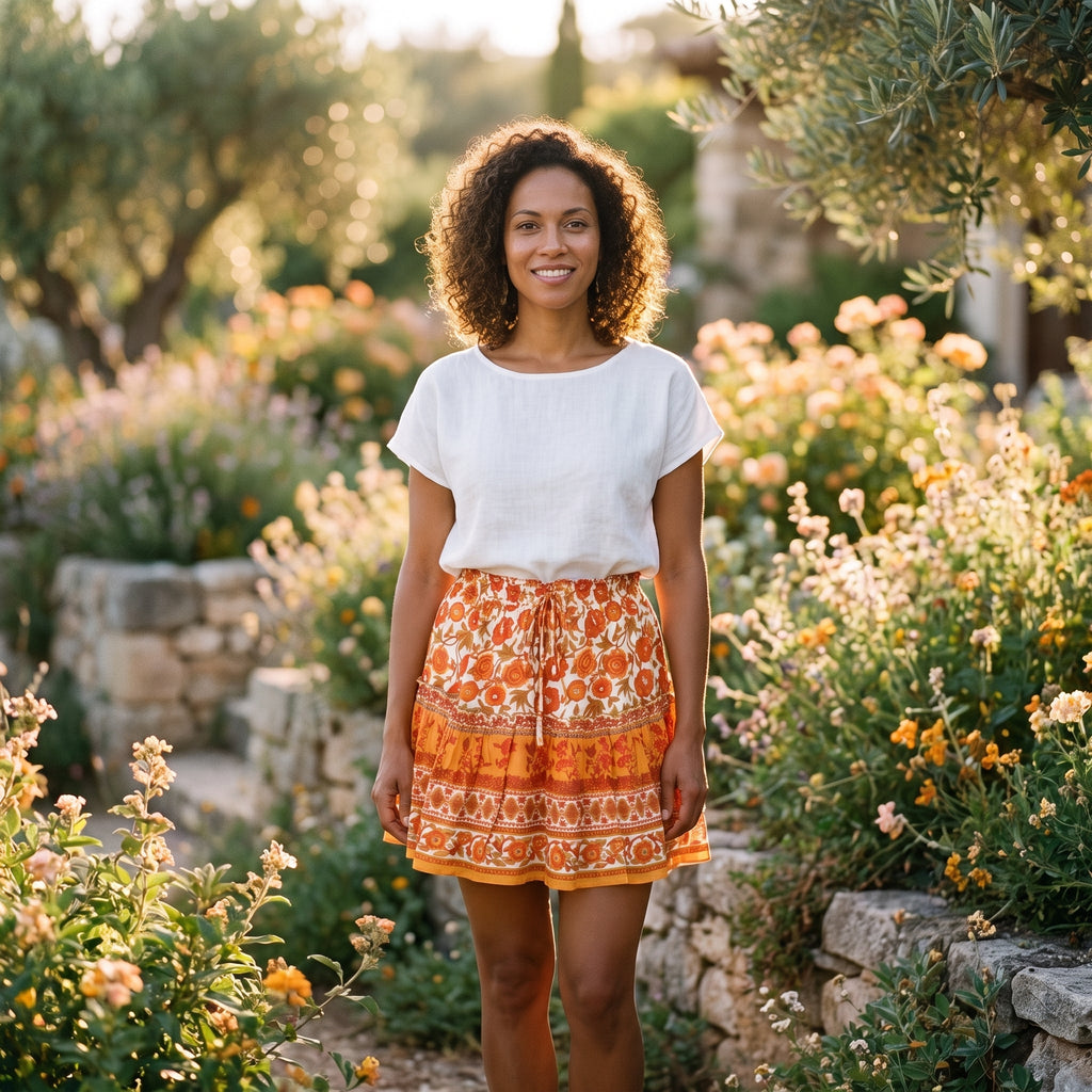 Modelo sonriente con la minifalda hippie floral naranja en un jardín