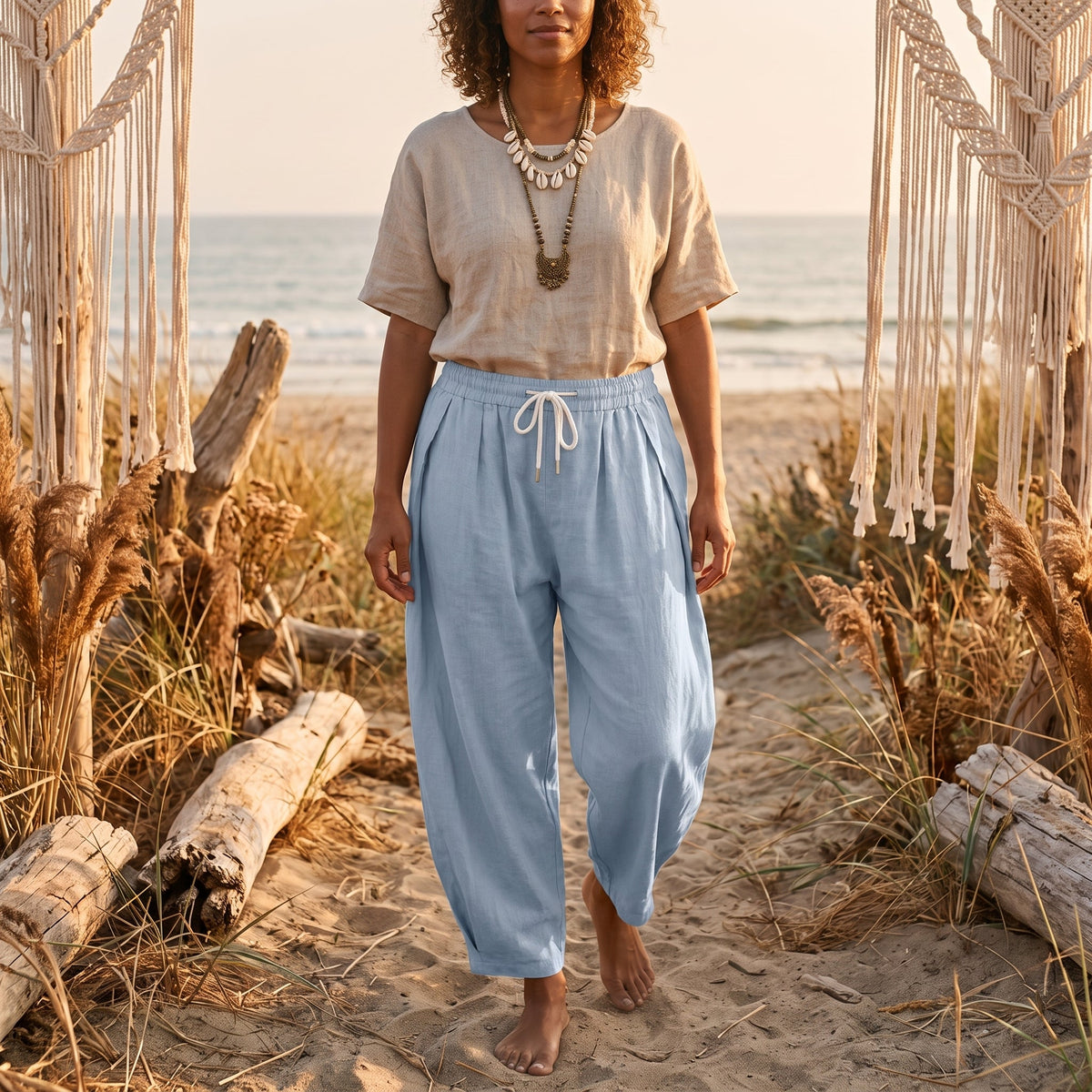 Sky blue harem pants worn by a model