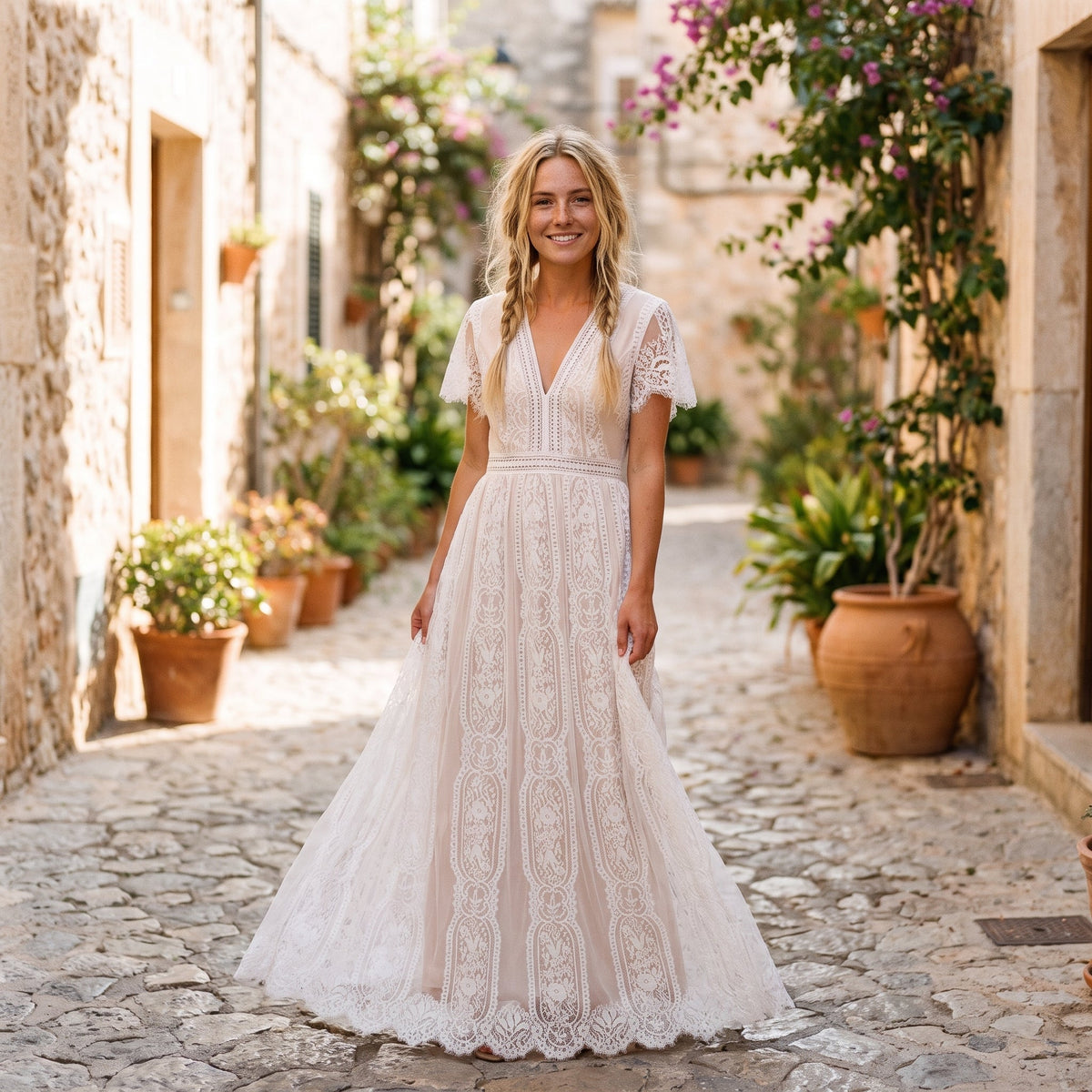 Smiling model wearing the white lace boho wedding dress in an alley