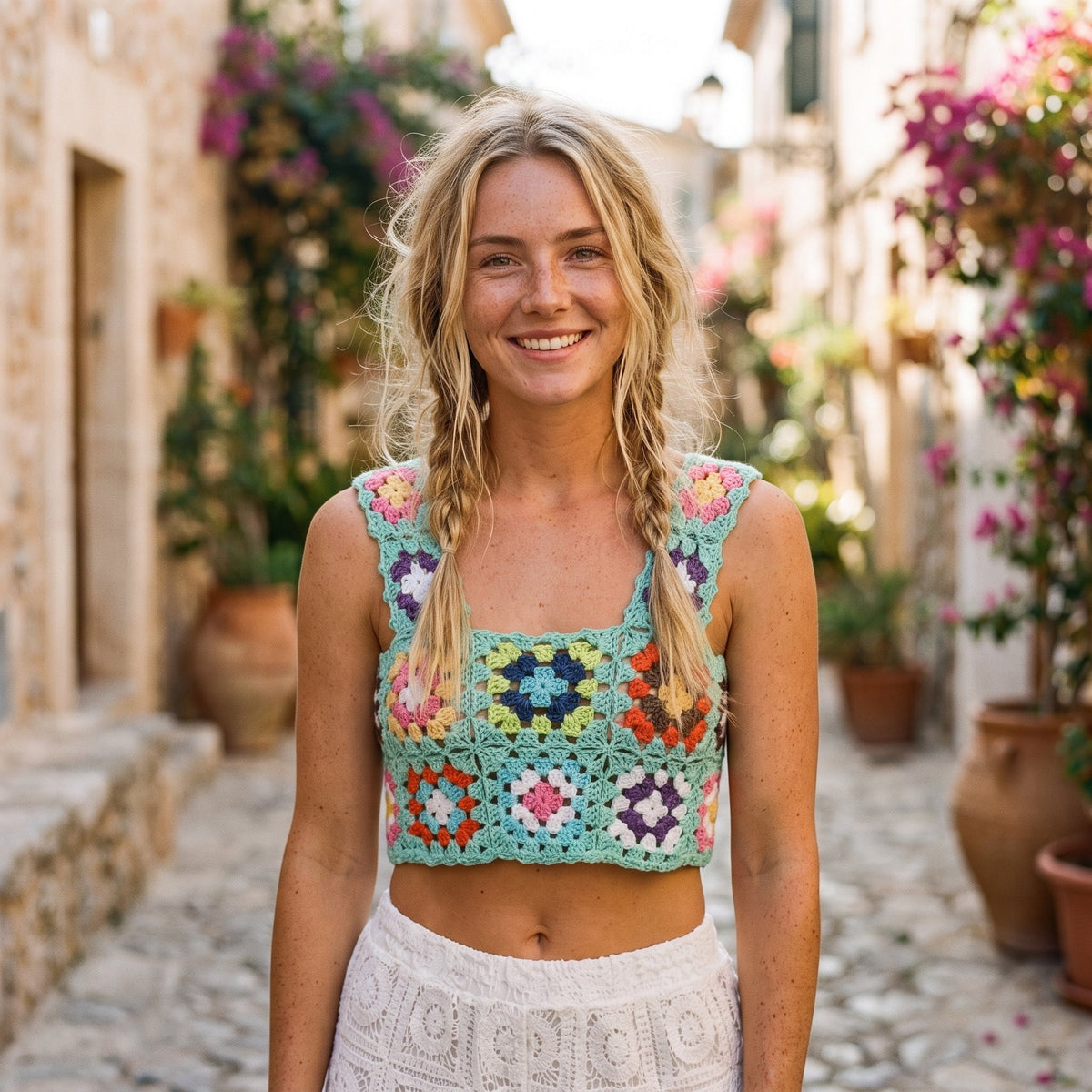 Aqua crochet crop top with multicolor flowers worn by a smiling model
