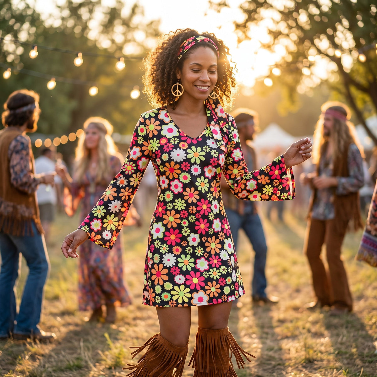Woman wearing the floral hippie costume with matching headband