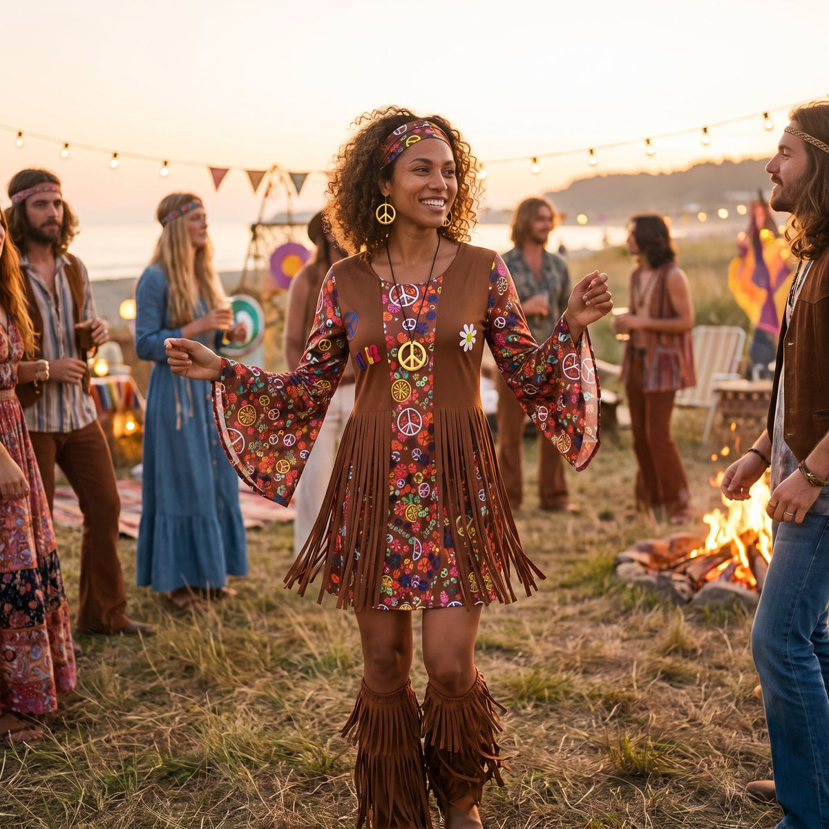 Woman wearing caramel fringe hippie costume dress with peace jewelry