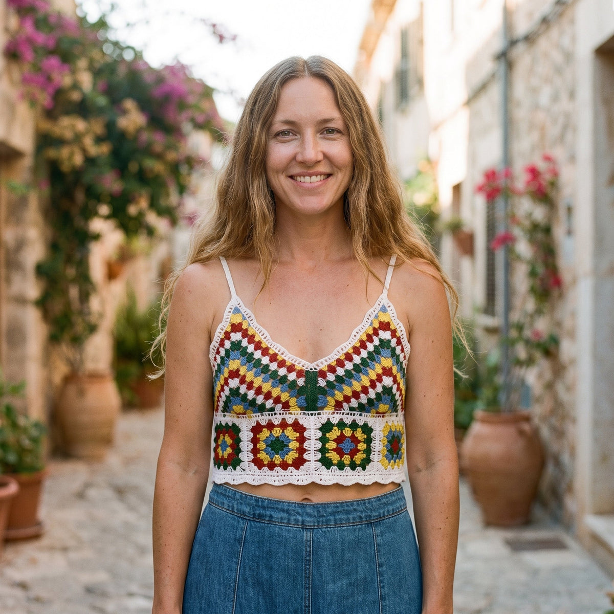 Ecru crochet top with green multicolor chevrons on smiling model