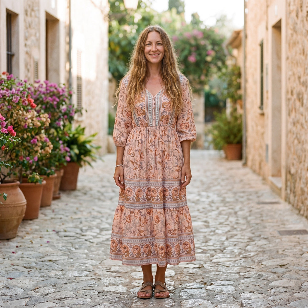 Floral boho midi hippie dress worn by a smiling model outdoors