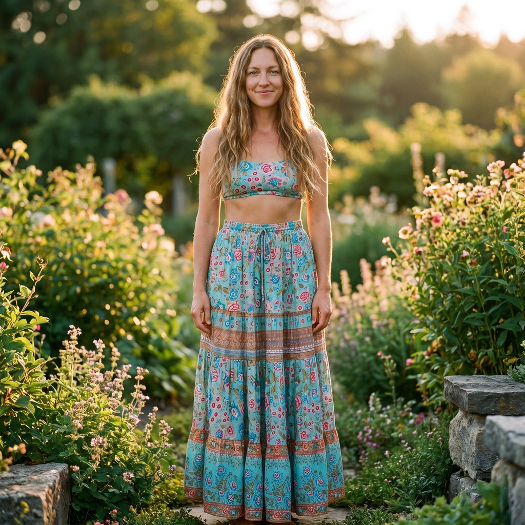 Smilende model iført den turkise blomstrede boho maxinederdel i en have