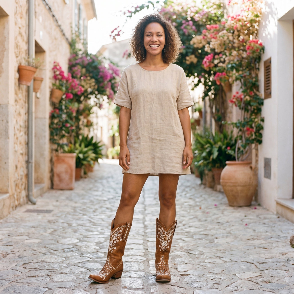 Smiling model wearing camel western boots with floral embroidery in an alley