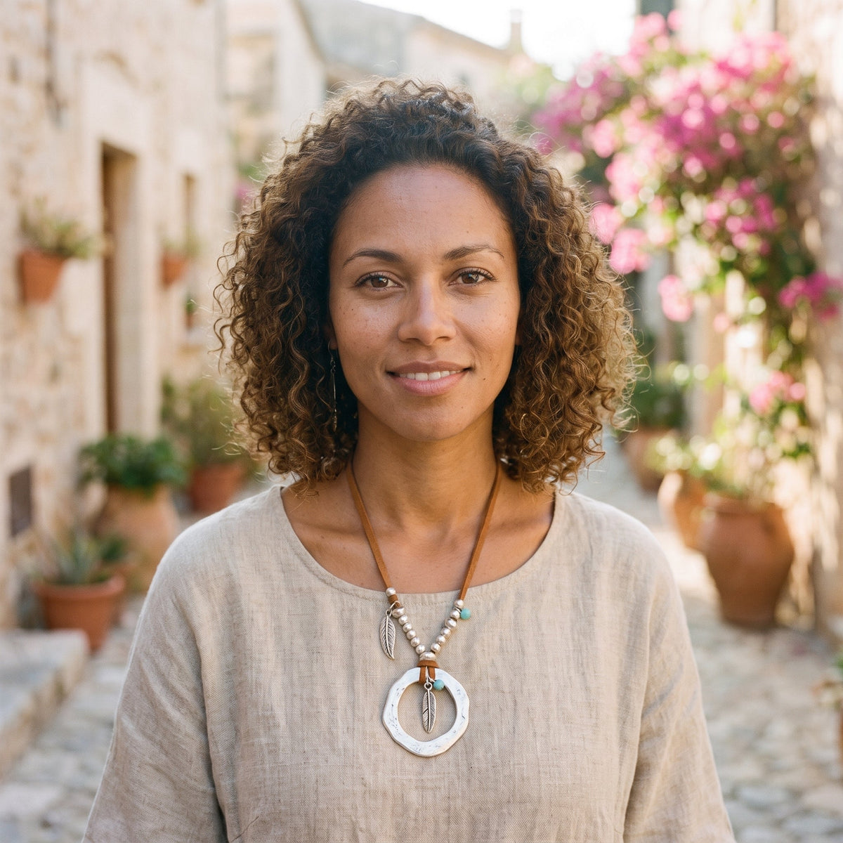 Smiling model wearing the boho hippie necklace with feather pendant