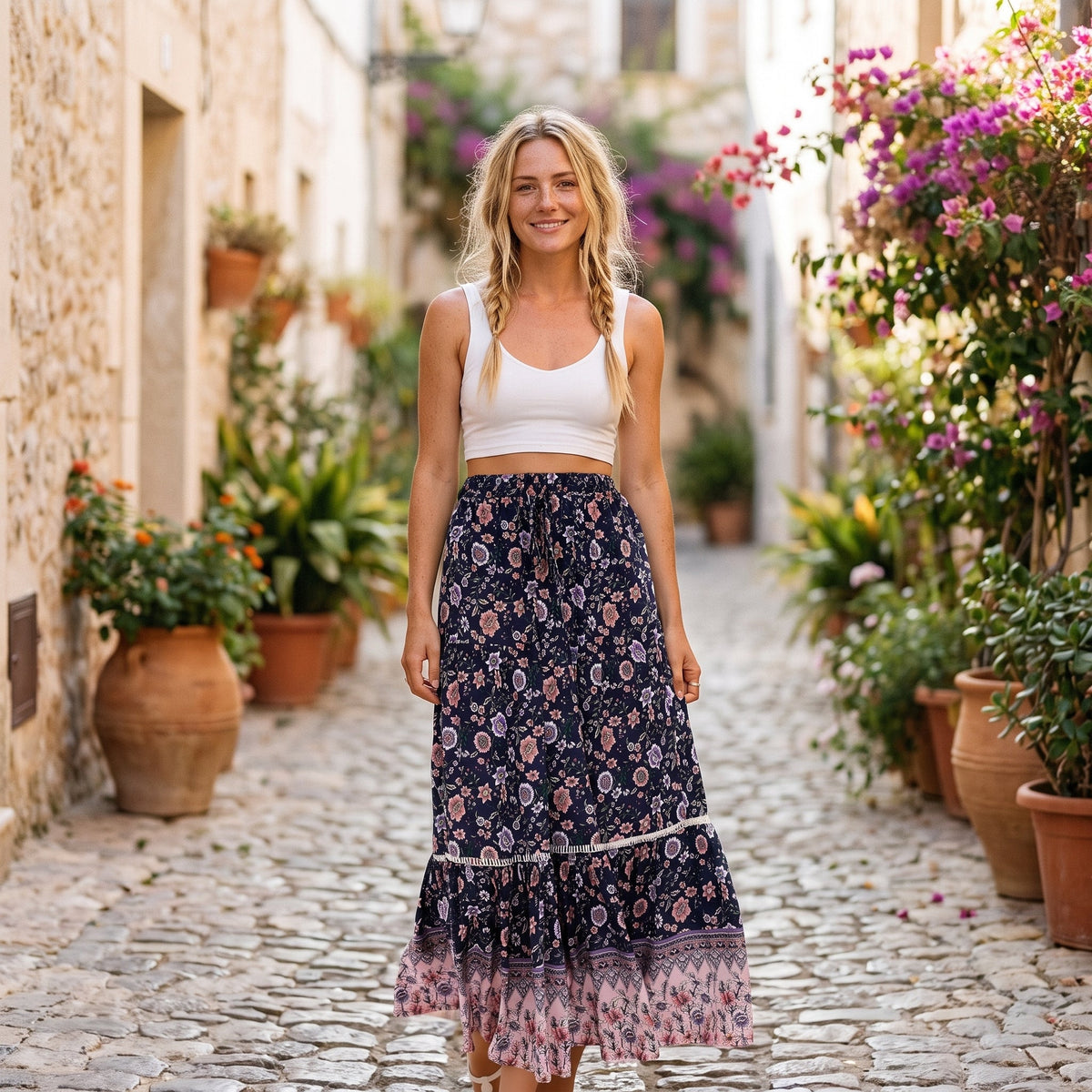 Navy blue floral maxi skirt worn by a smiling model