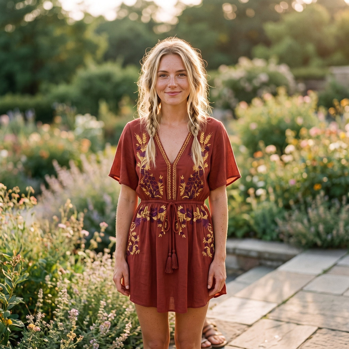 Brick red embroidered boho tunic dress worn by a smiling model