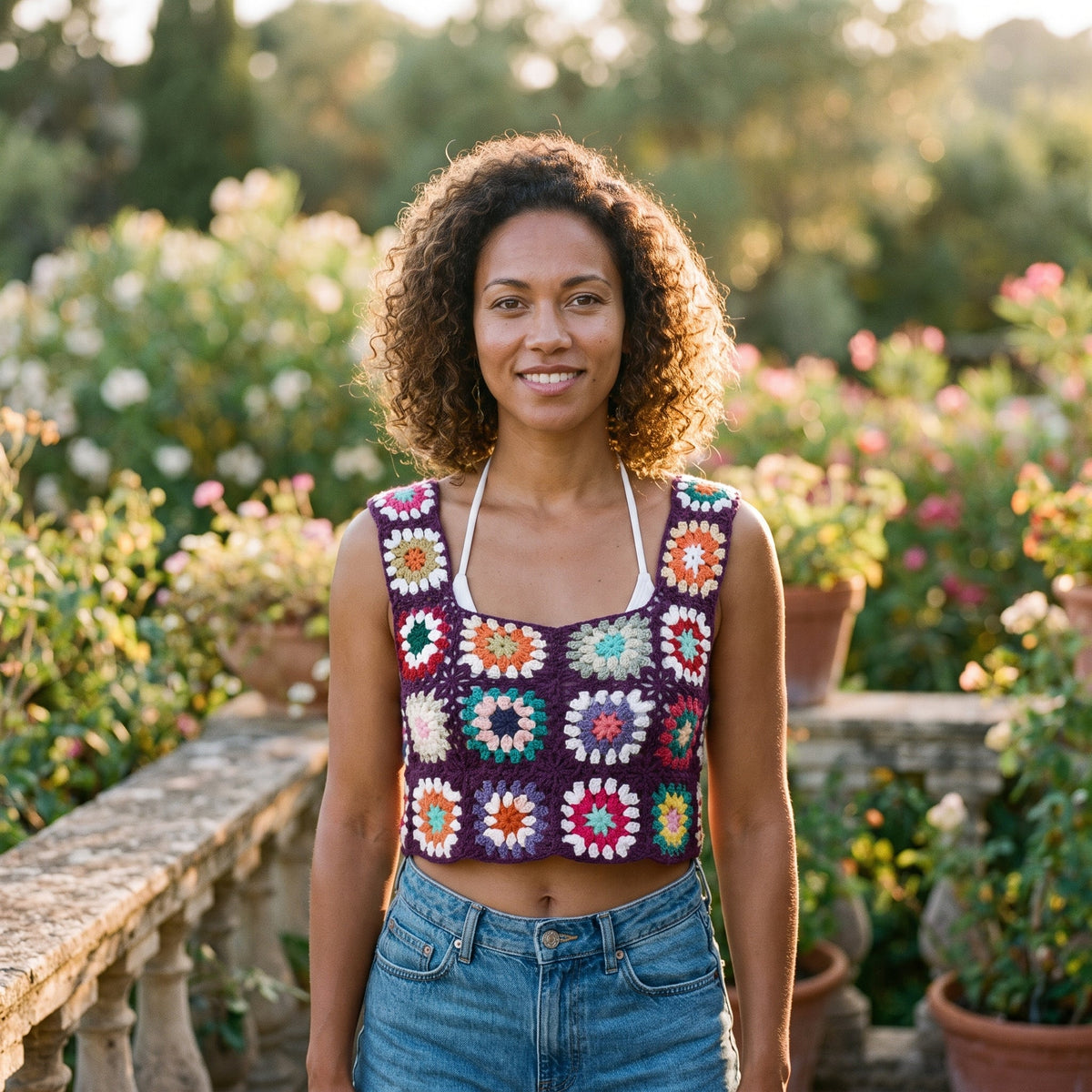 Purple granny square crochet crop top worn by a smiling model