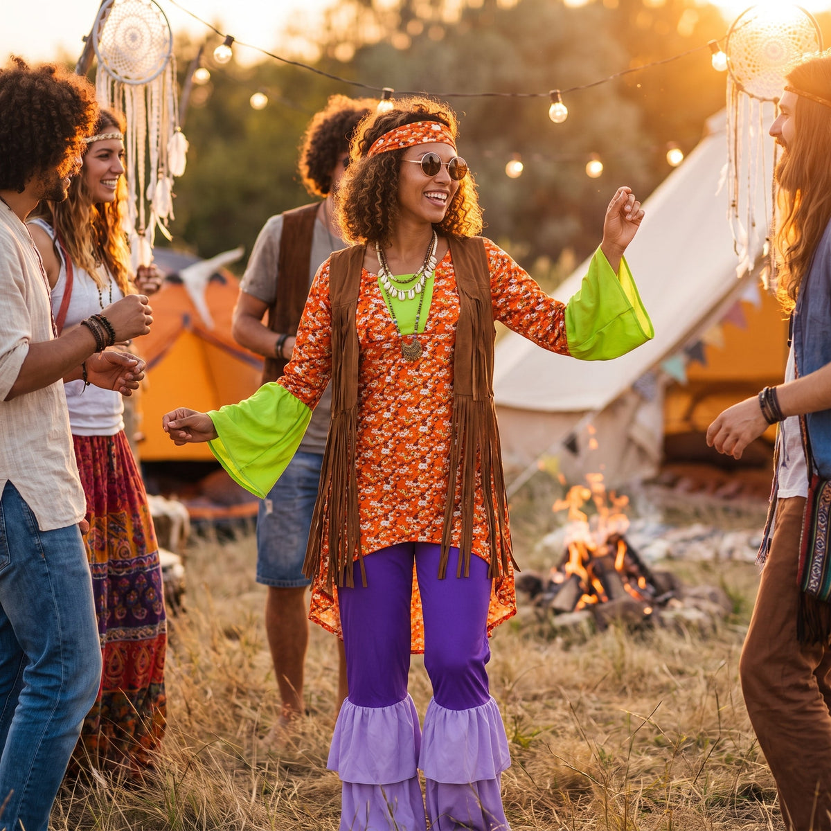 Orange floral tunic and purple flare pants hippie costume, worn