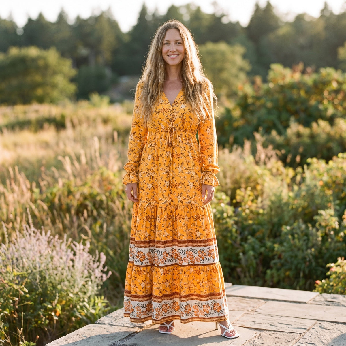 Yellow floral boho maxi dress worn by a smiling model outdoors