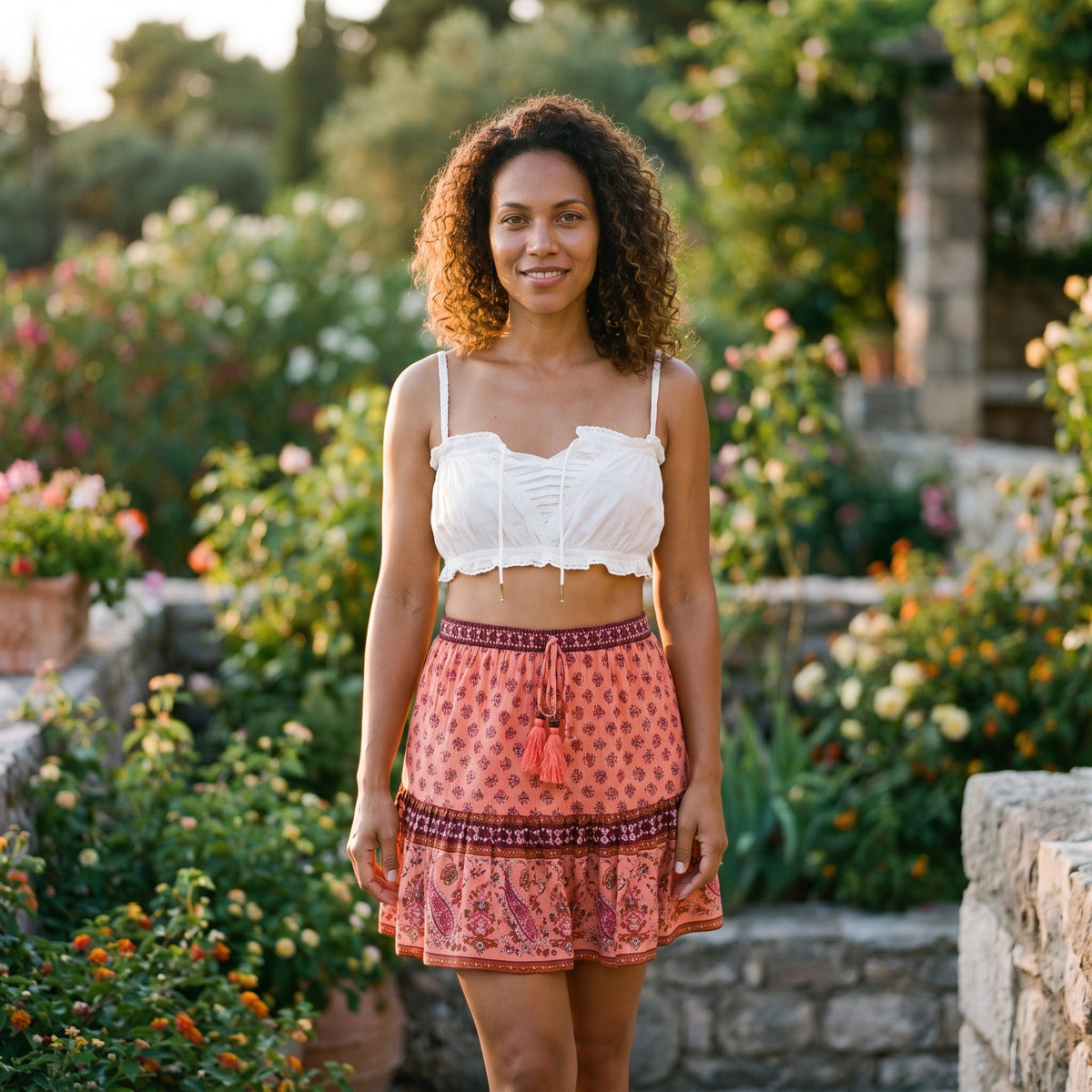 Koralfarvet blomstret boho mininederdel båret af smilende model i have