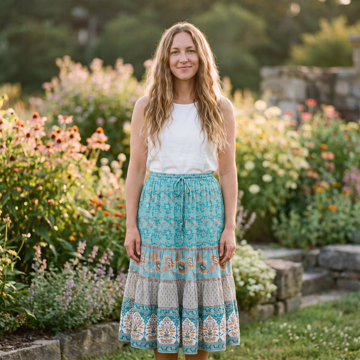 Smiling model wearing the turquoise tiered midi hippie skirt in a garden