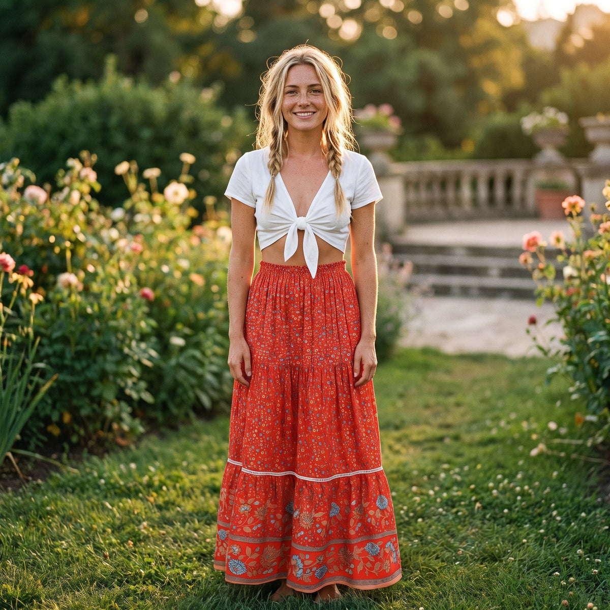 Hymyilevä nainen puutarhassa yllään punainen liberty-kukallinen boho-hame