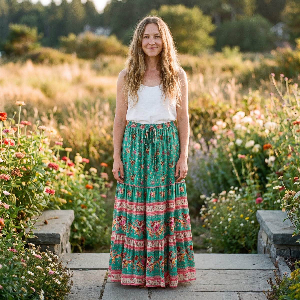 Green floral maxi hippie skirt worn by a smiling model in a garden