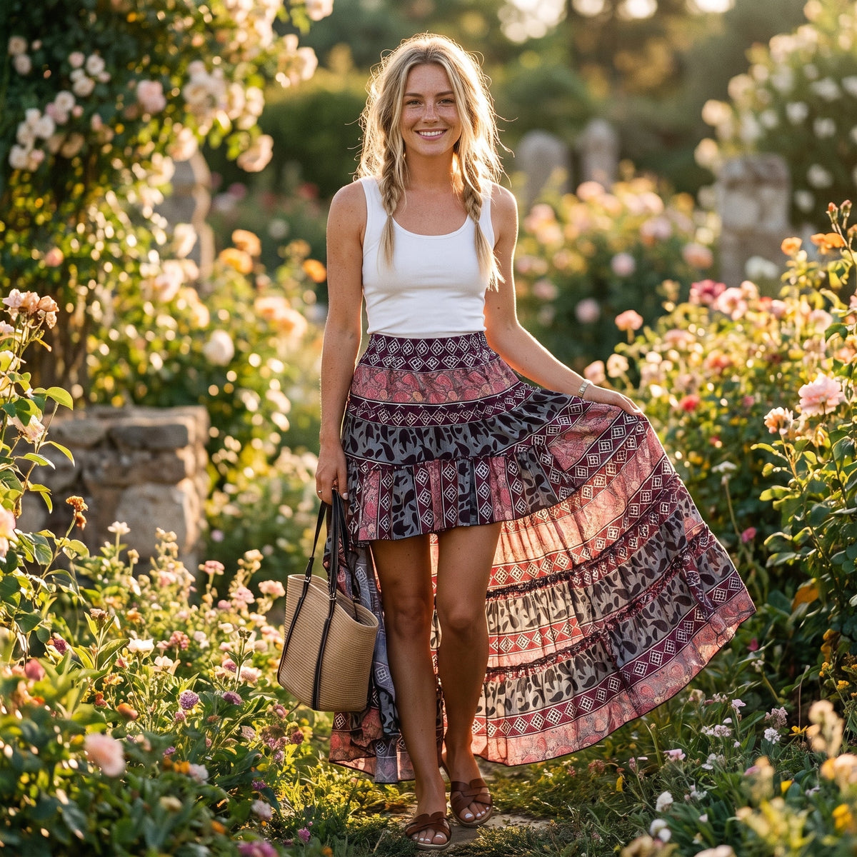Smiling model wearing the asymmetric boho maxi hippie skirt in a garden