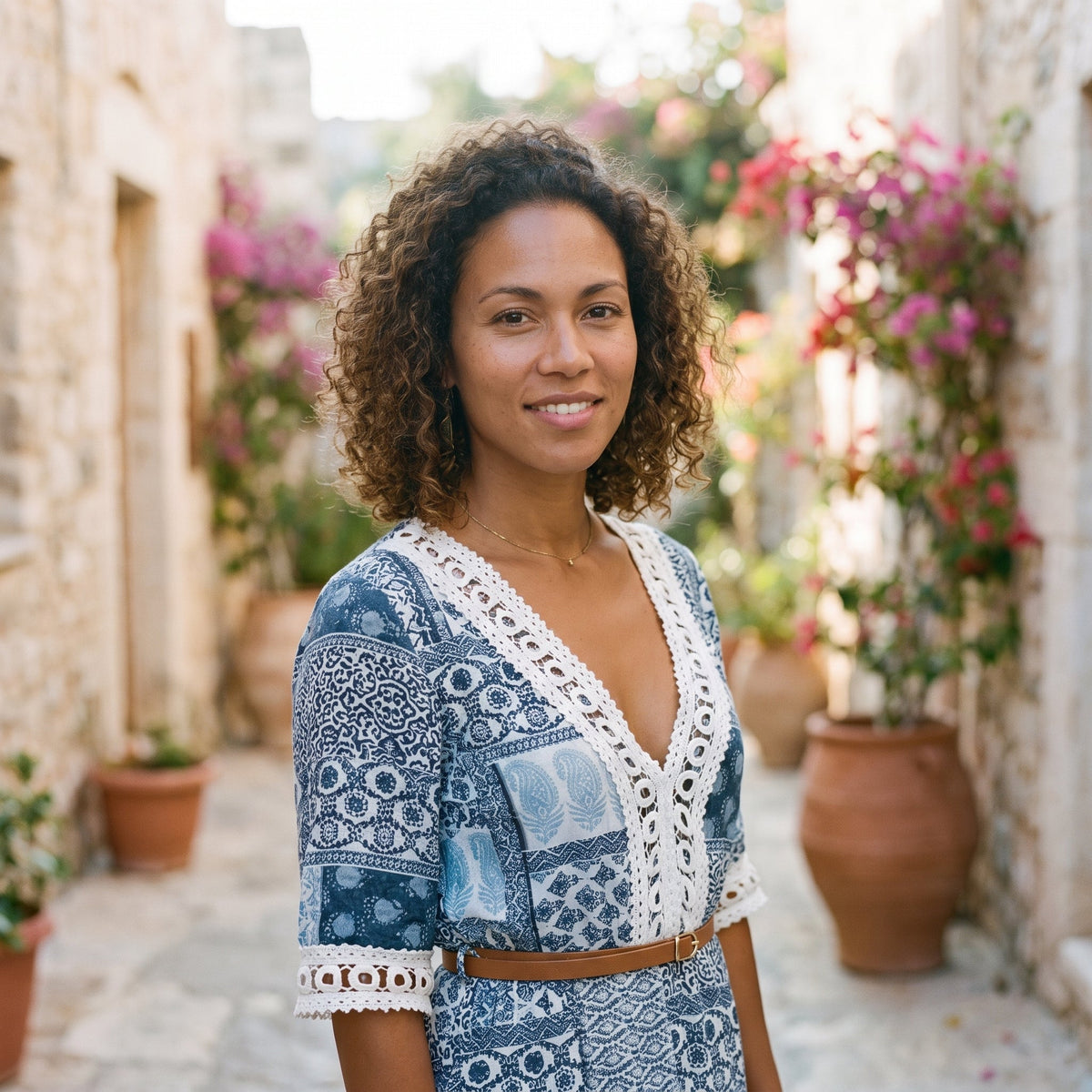 Smiling model wearing the blue boho tunic dress with lace trim