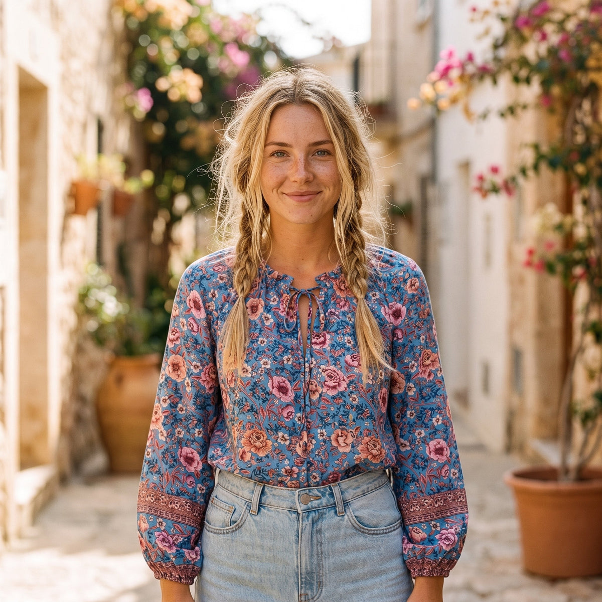 Blue floral boho blouse with balloon sleeves worn by a smiling model
