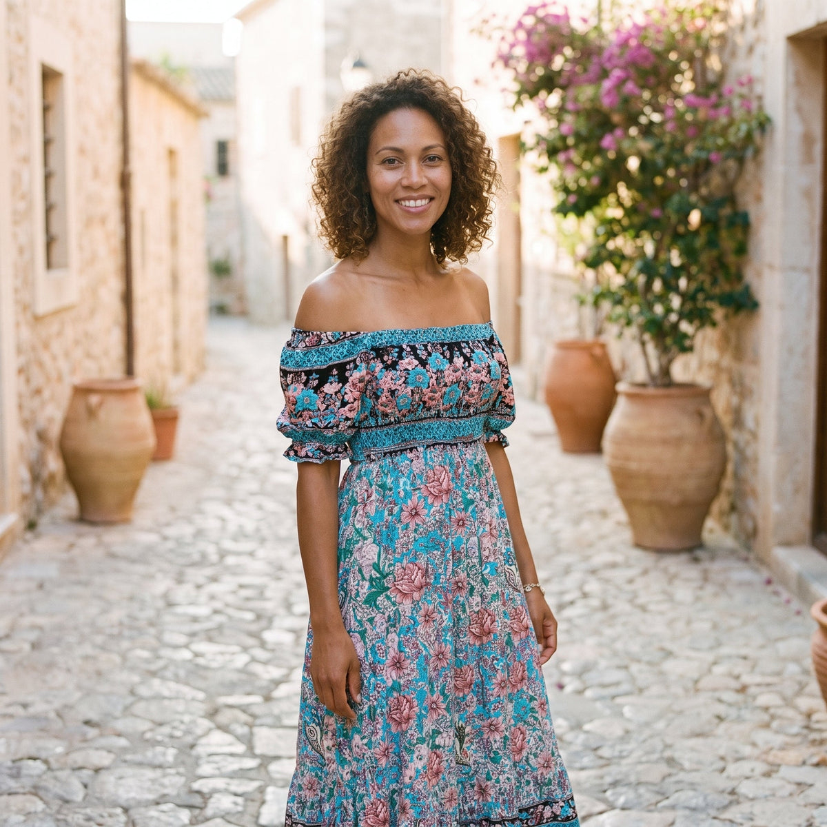 Smiling model wearing the blue floral off-the-shoulder maxi dress