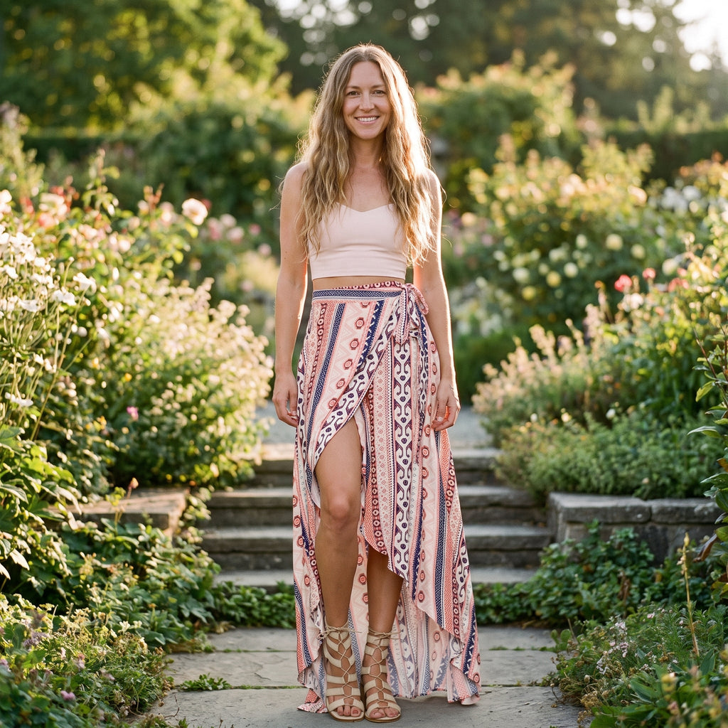 Smilende model iført boho wrap-nederdelen med aztekisk print