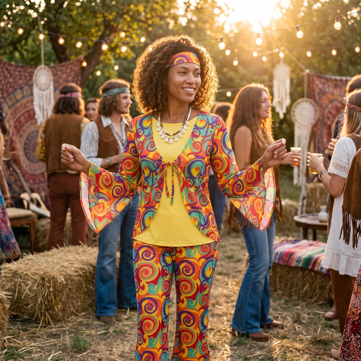 Plus size psychedelic hippie costume worn by a model