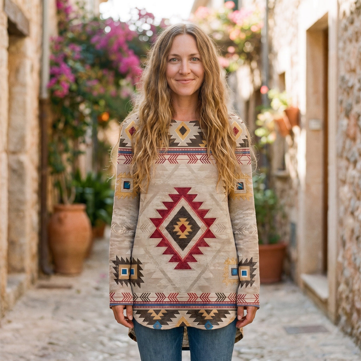 Beige lang boho-tunika med aztekisk print båret af smilende model