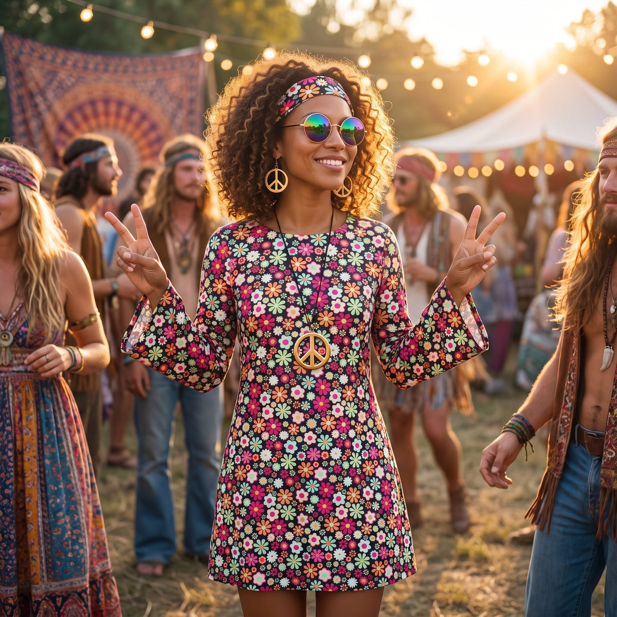 Model wearing the floral hippie costume dress with flared sleeves