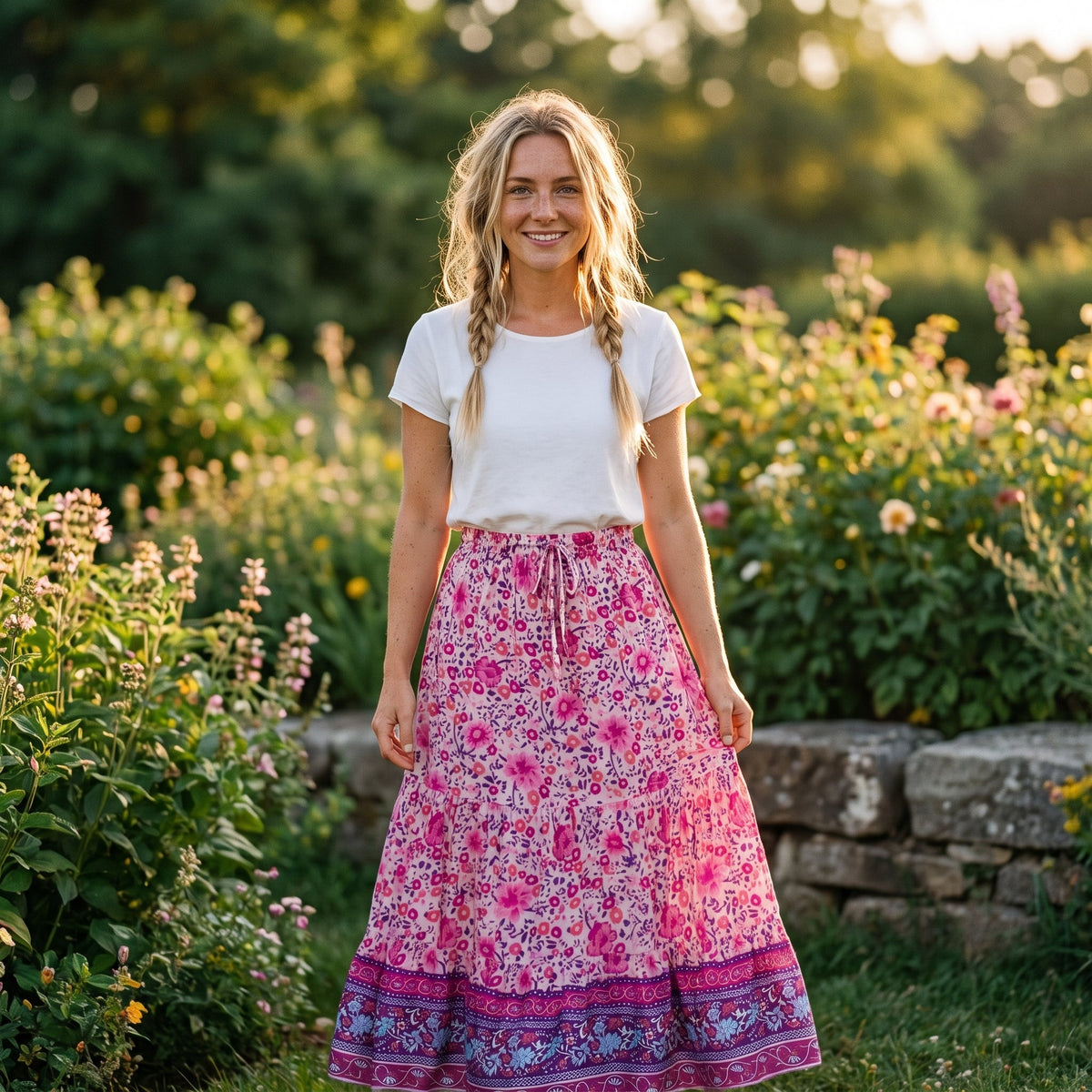 Smiling model wearing the pink floral maxi hippie skirt in a garden