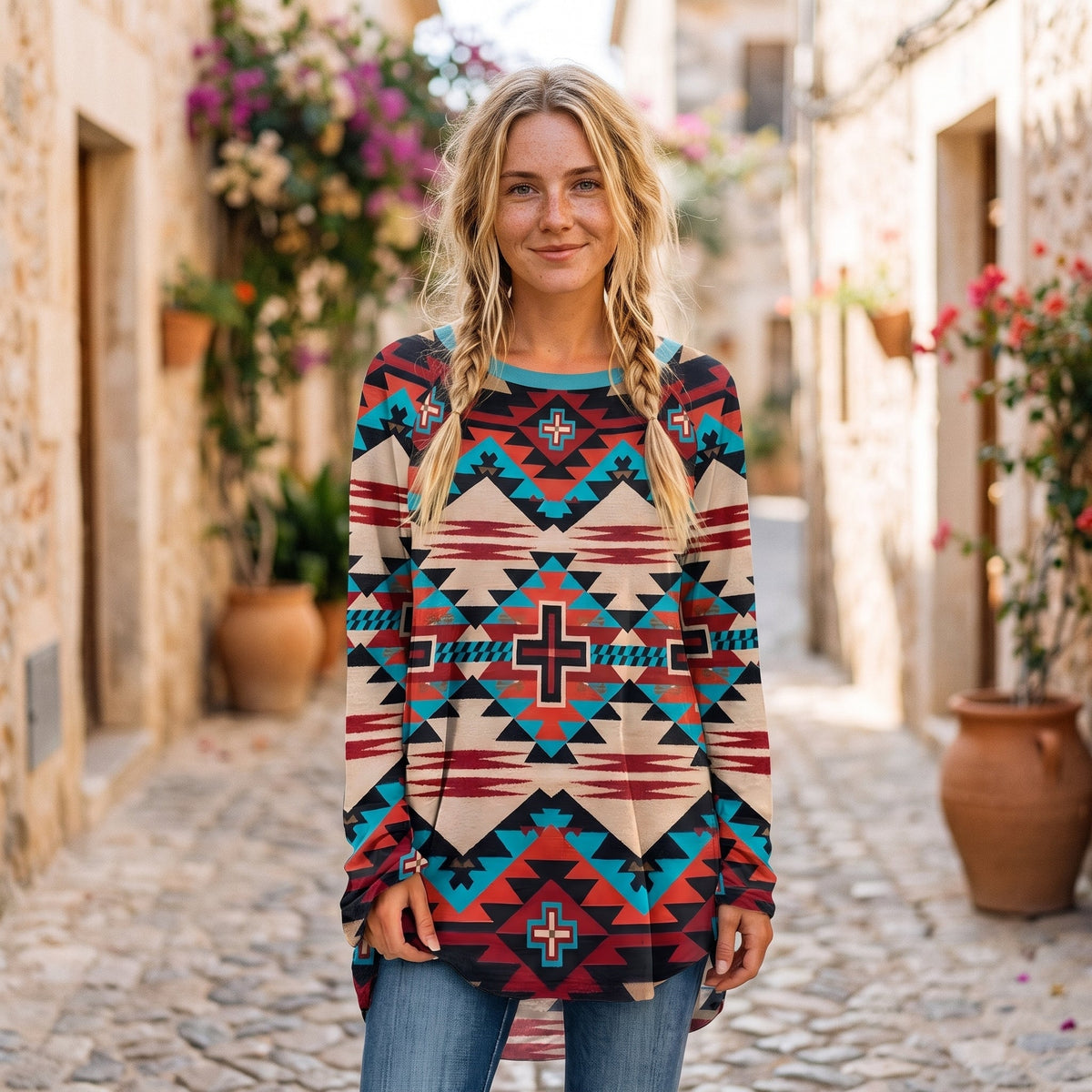 Turquoise Aztec print long tunic worn by a smiling model