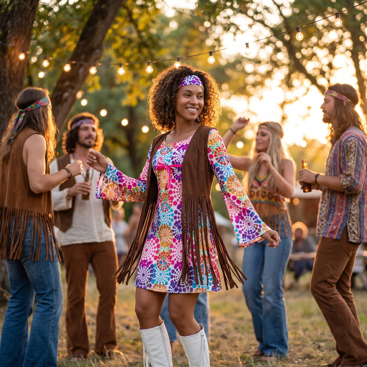 Woman wearing the mandala print dress and brown fringe vest