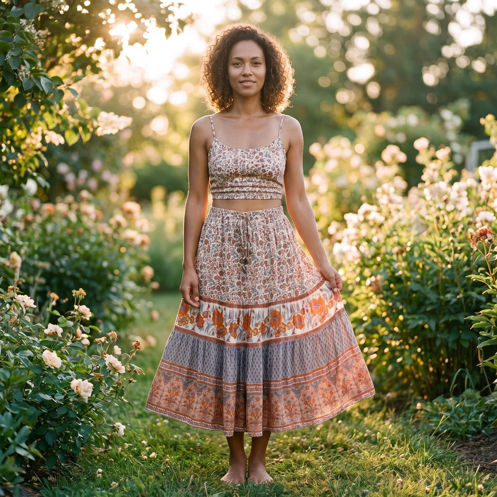 Hymyilevä malli vintage-henkisessä terracotta-kukkaisessa boho-midihameessa puutarhassa