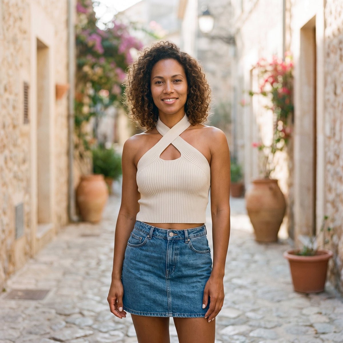 Ivory white ribbed halter crop top worn by a smiling model
