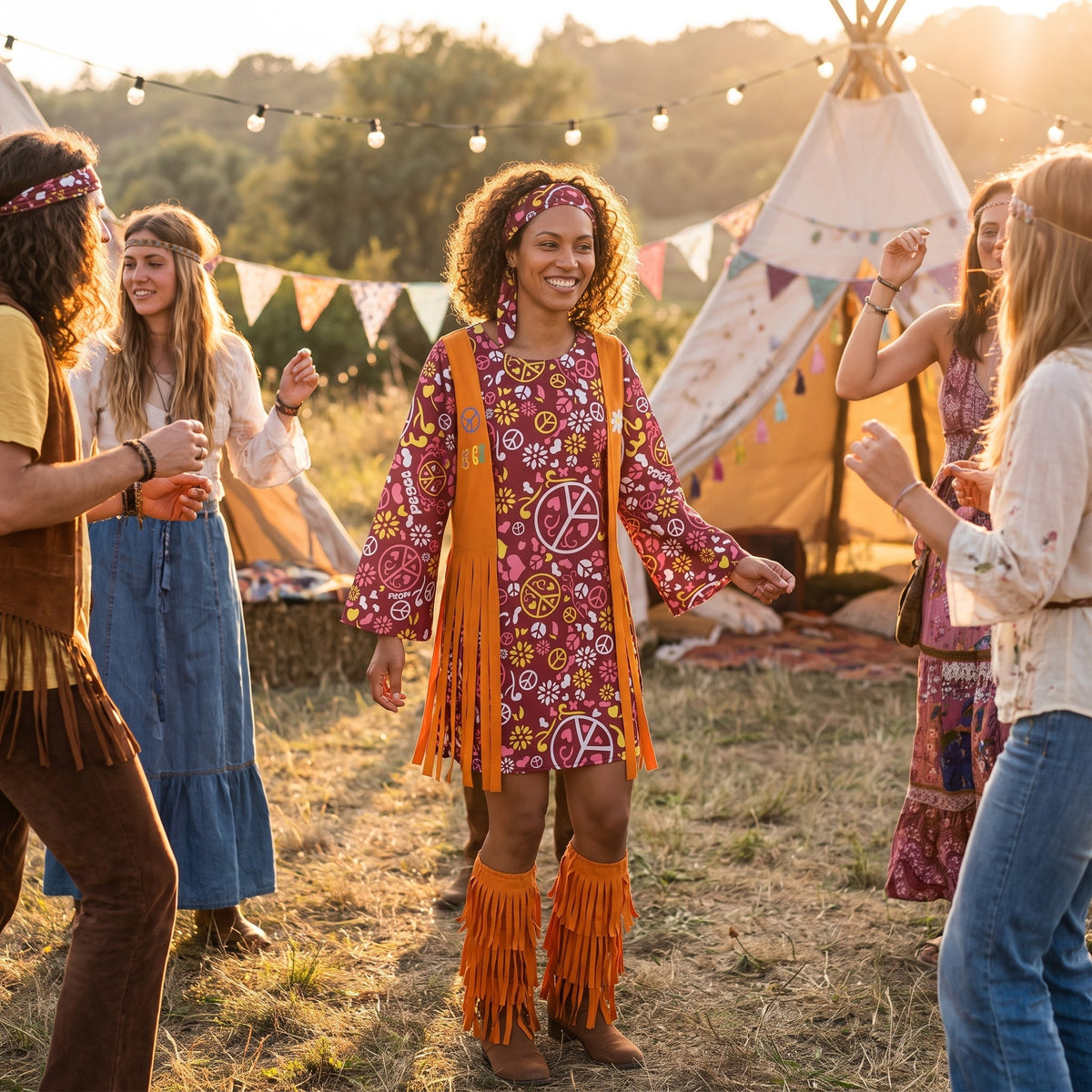 Model wearing the fringe peace and love hippie costume