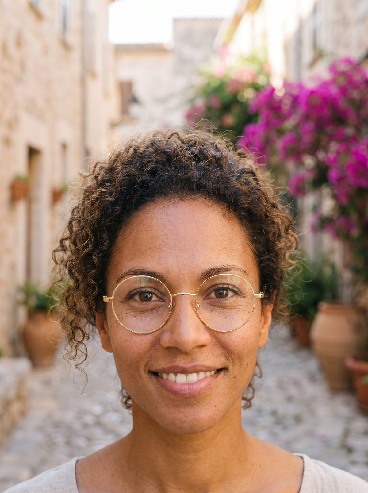 Smiling model wearing round John Lennon hippie sunglasses with clear lenses
