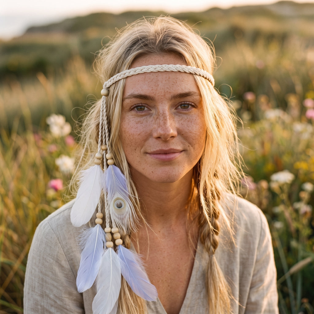 Smiling model wearing the feather hippie headband tied across her forehead