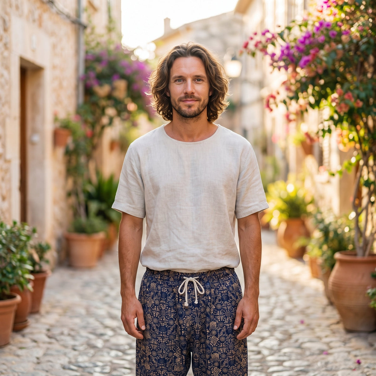 Smiling model wearing gold patterned men's hippie pants in an alley