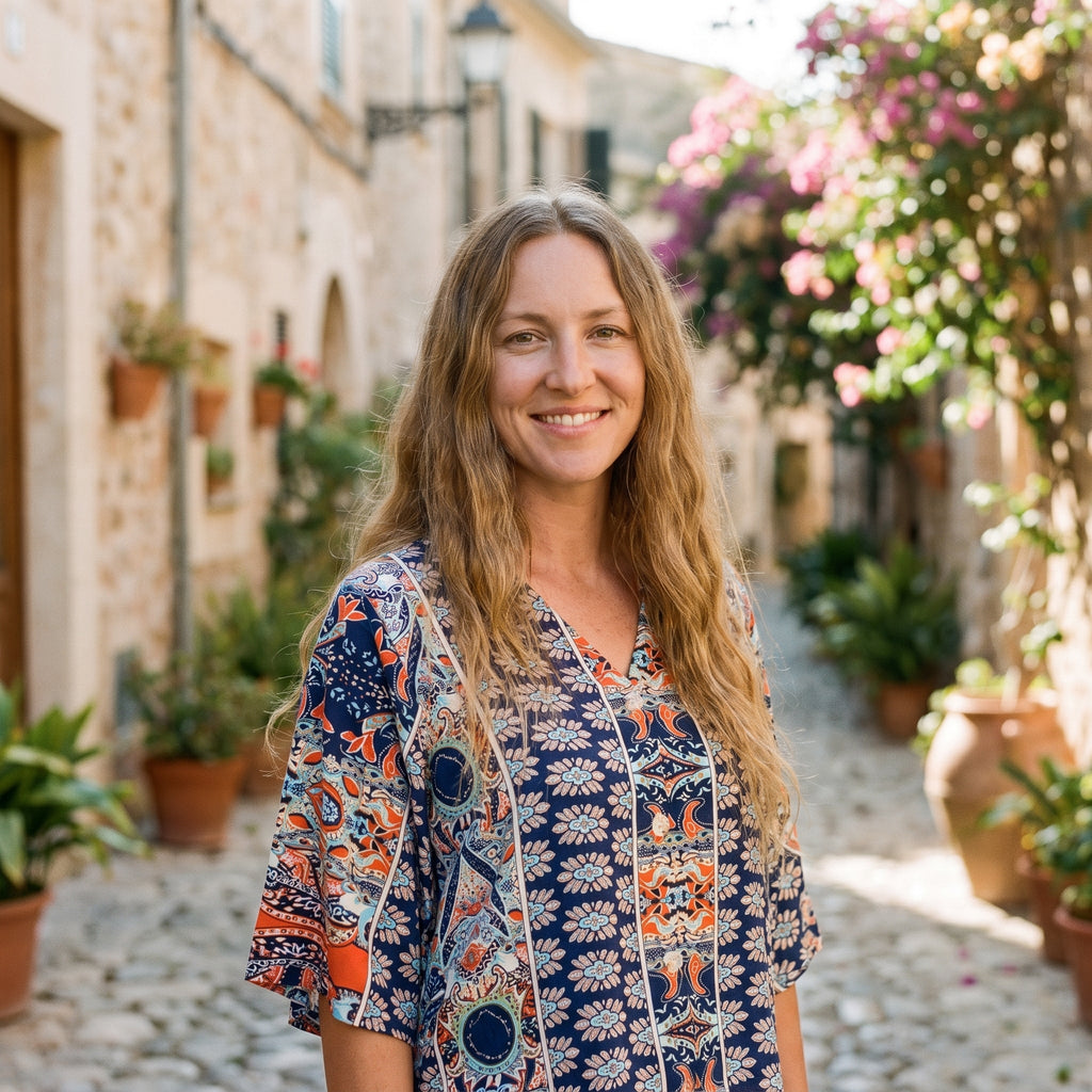 Modelo sonriente con blusa hippie paisley azul marino en callejón empedrado mediterráneo