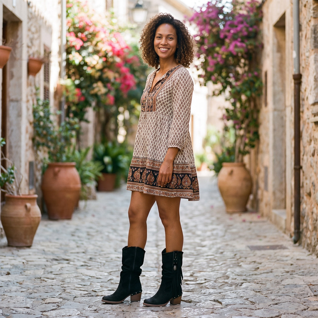 Smiling woman wearing the black fringe heeled boots
