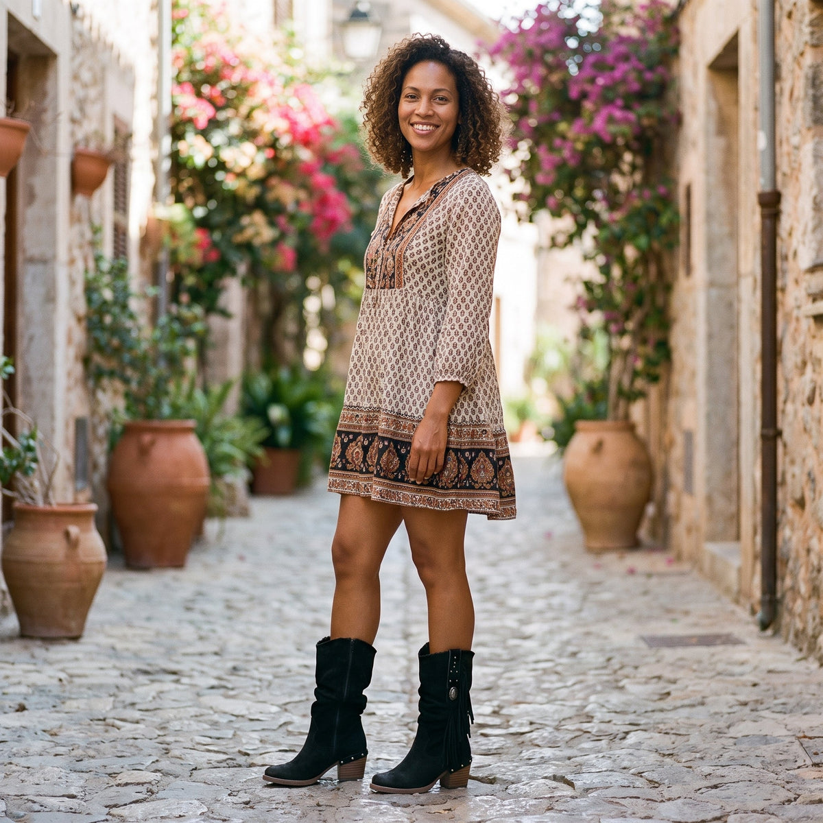 Smiling woman wearing the black fringe heeled boots