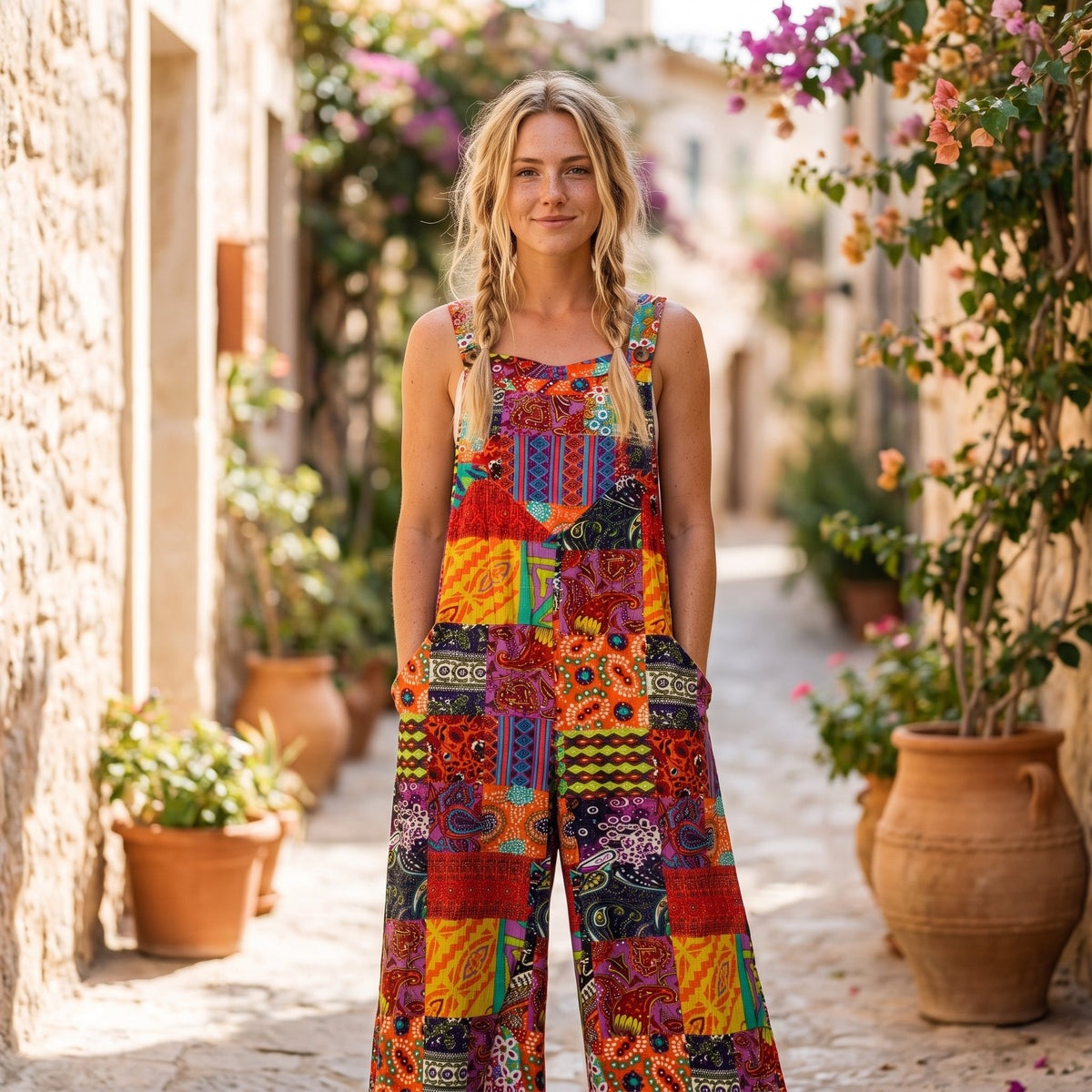 Wide leg boho jumpsuit in red patchwork print, smiling model