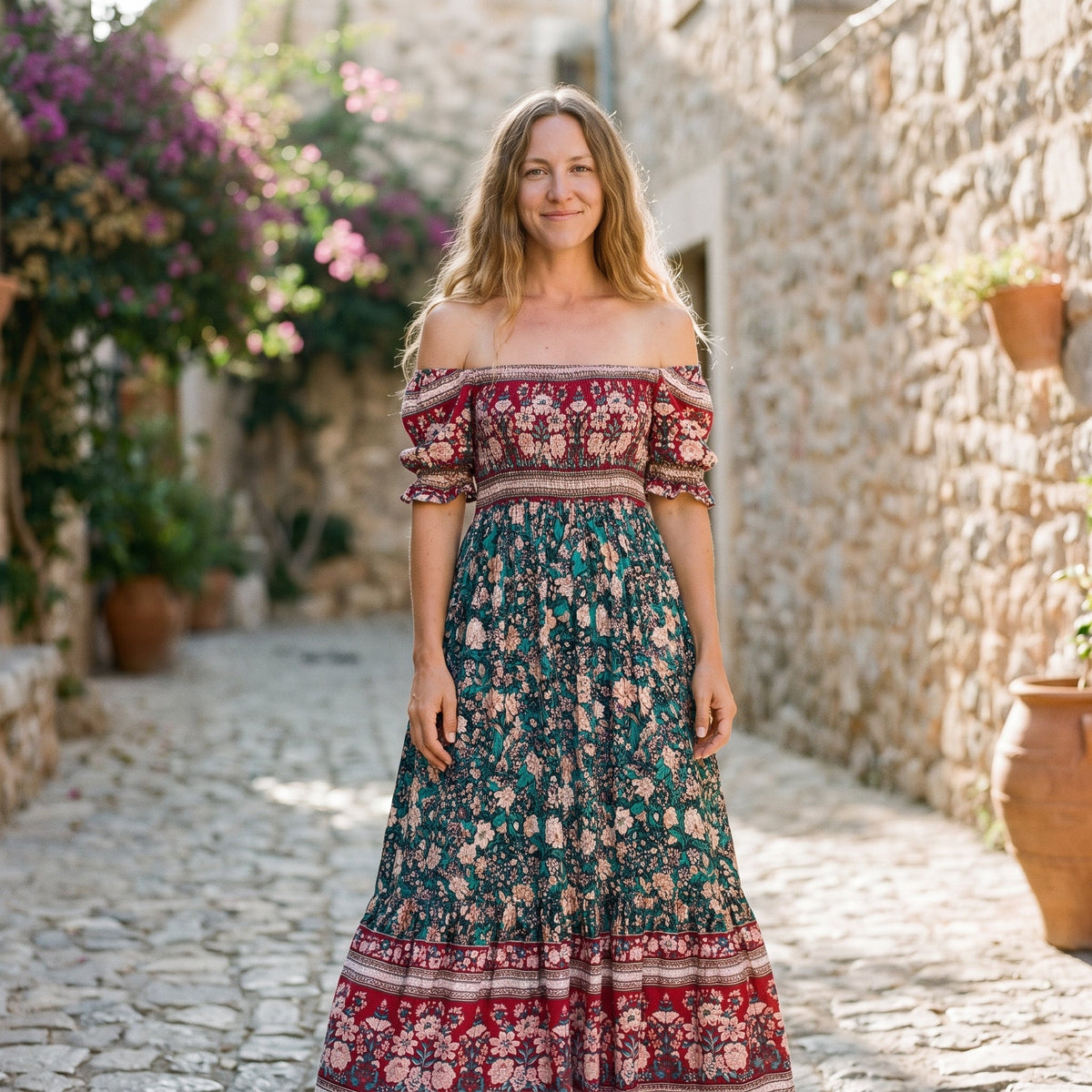Smiling model wearing the green floral off-the-shoulder boho maxi dress