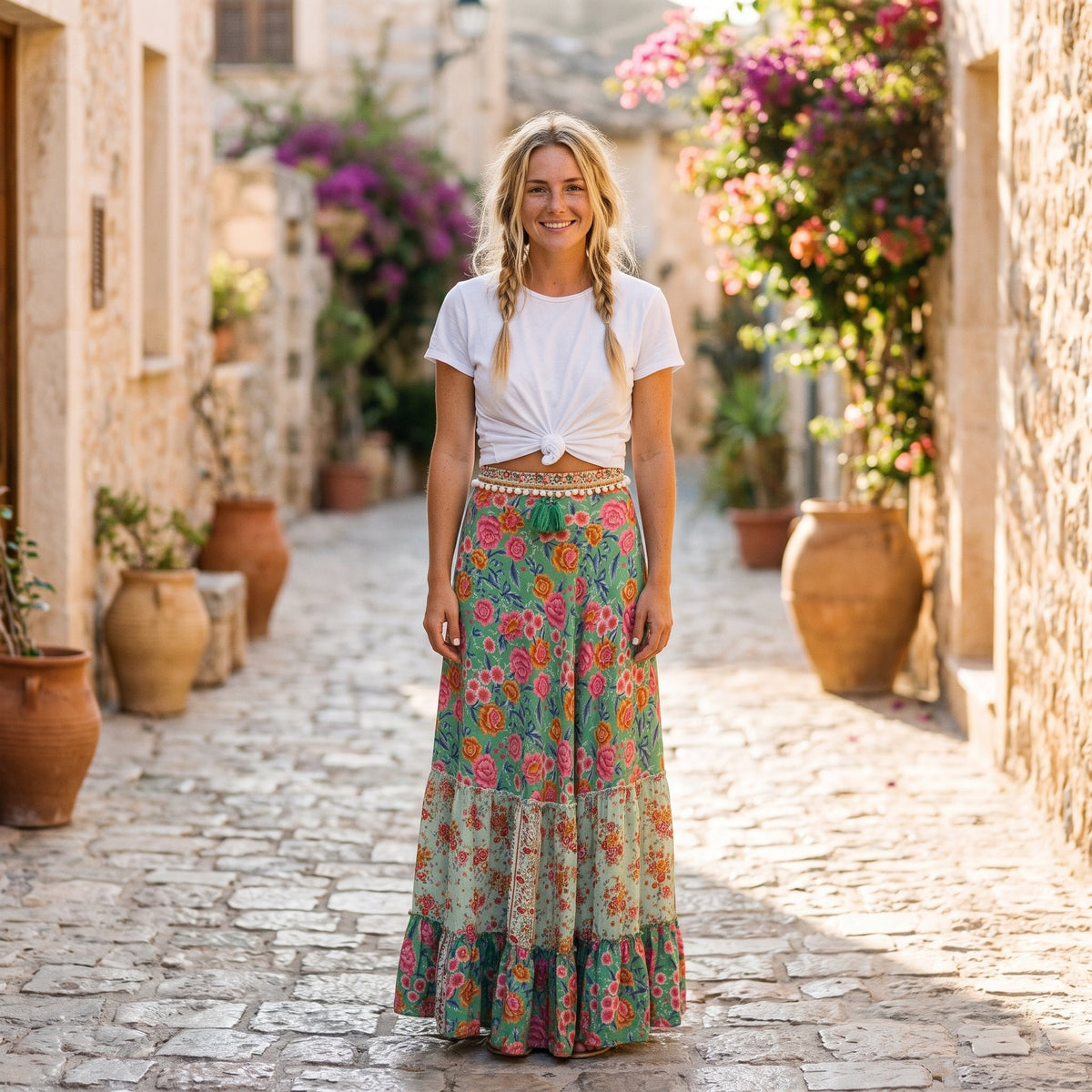 Green floral boho maxi skirt worn by a smiling model
