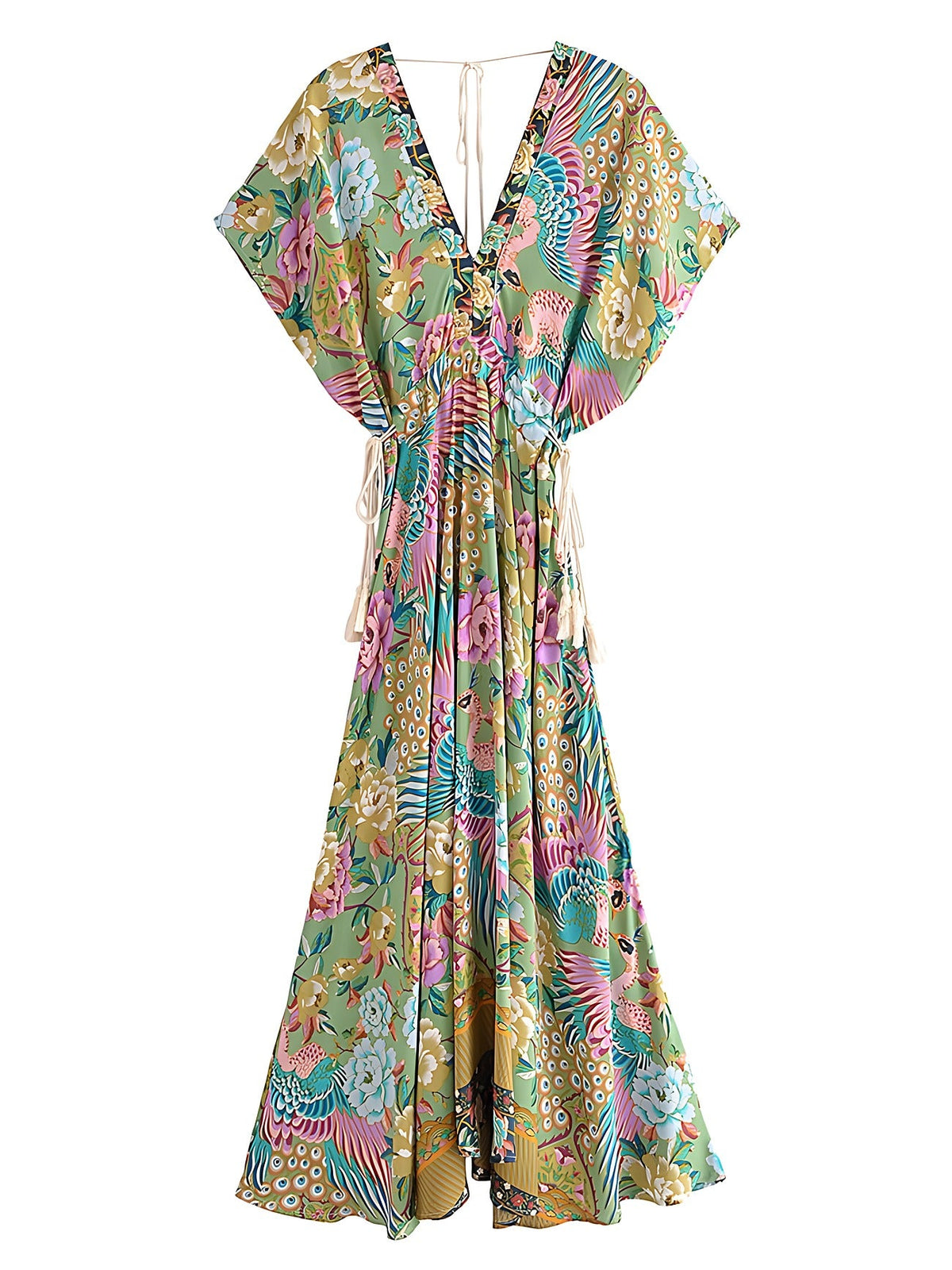Maxi-jurk met taille aangesnoerd door koorden met pompons
