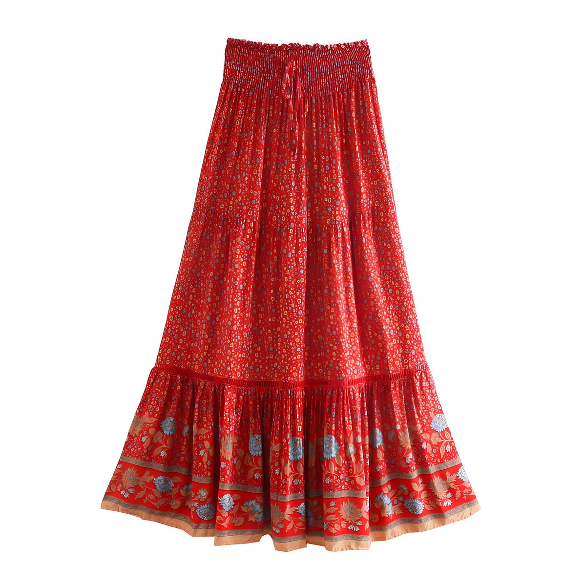 Red floral maxi skirt on an invisible mannequin, white background
